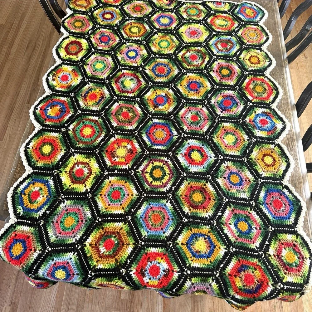 Handmade Crochet Throw Afghan Blanket Colorful‎ Granny Cottage Core Vtg 90s Sofa